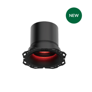 Close-up of a black camera lens with a red inner glow and a green NEW badge in the corner, against a black background.