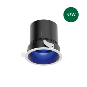 3D render of a cylindrical metallic device with a blue-lensed end, set against a black background, and a green circular 'NEW' badge to the right.