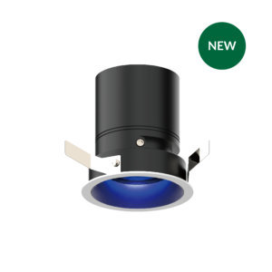 Close-up of a dark cylindrical device with a blue ring at the bottom and a green NEW badge on a black background.