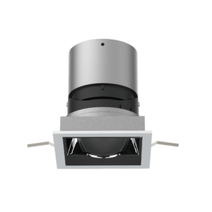 Silver cylindrical stage spotlight facing forward with a black lens, set against a black background.