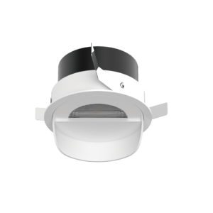 3D rendering of a white cylindrical ceiling light fixture with a dark gray top and a central rotating blade, shown from a frontal angle against a black background