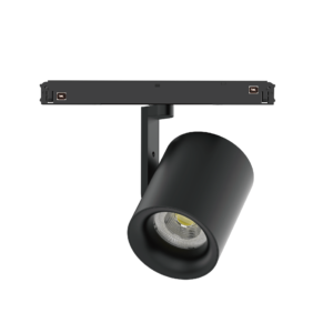 Black adjustable track lighting head mounted on a vertical stand with a cylindrical spotlight interior visible in front