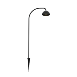 Tall black street lamp with a curved neck and dome-shaped lantern against a solid black background.