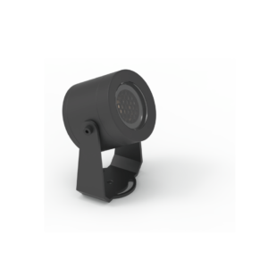 Outdoor wall-mounted spotlight with a round, hex-grid lens-facing camera area (metal housing) on a curved mount.