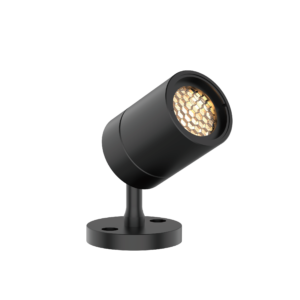Close-up of a black stage spotlight on a stand, showing a honeycomb LED lens behind its front ring against a black background.