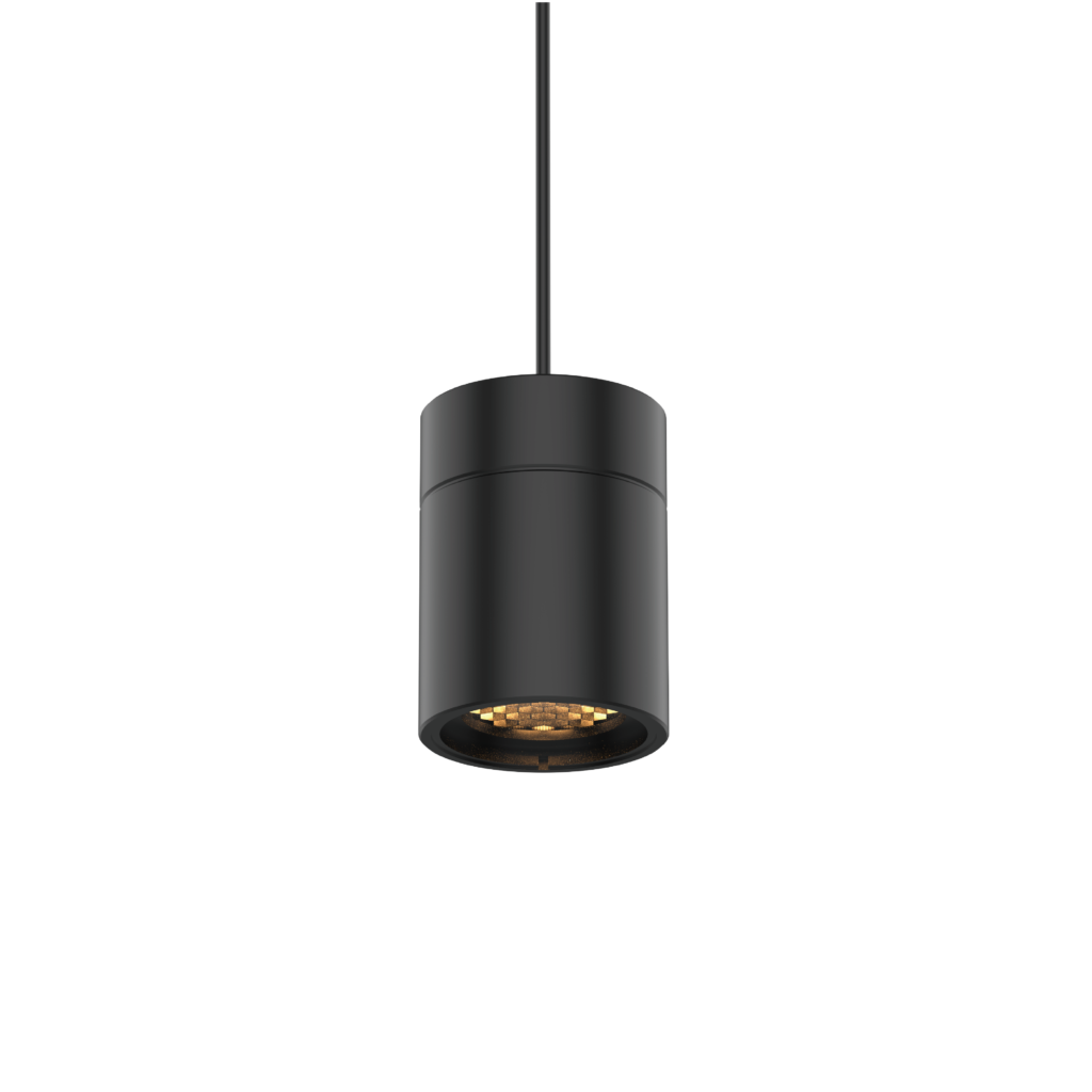 Black cylindrical pendant light hanging from the ceiling, emitting warm amber light from its bottom edge.