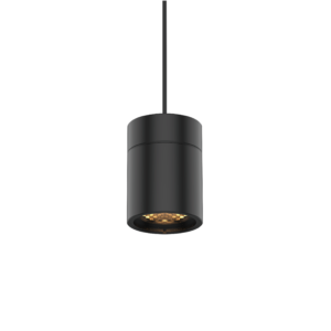 Black cylindrical pendant light hanging from the ceiling, emitting warm amber light from its bottom edge.